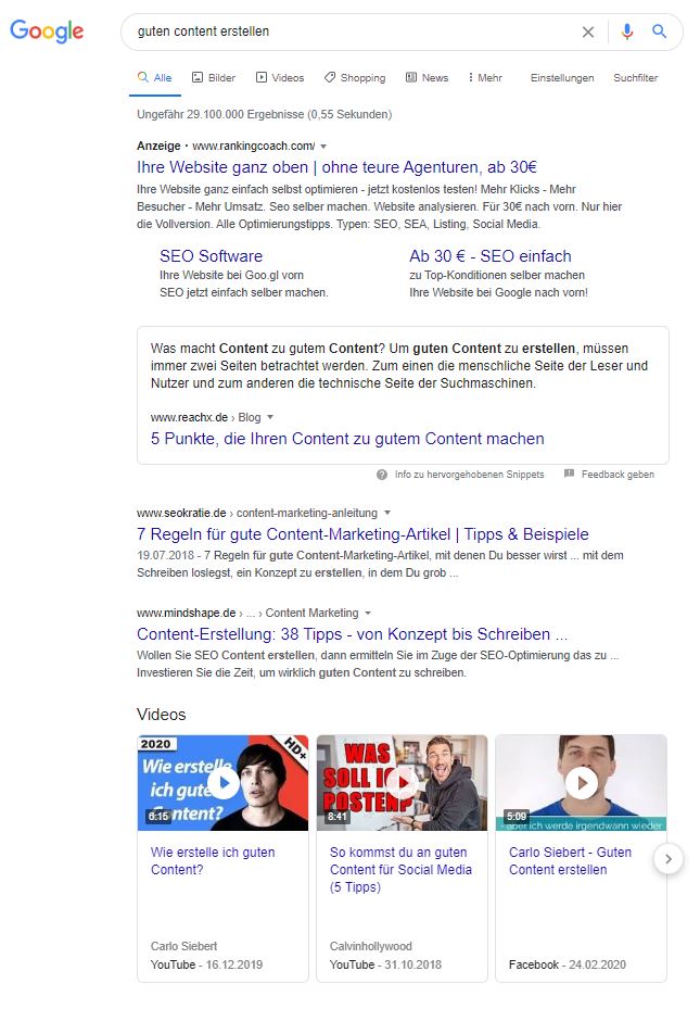 Google Recherche, um guten Content zu erstellen